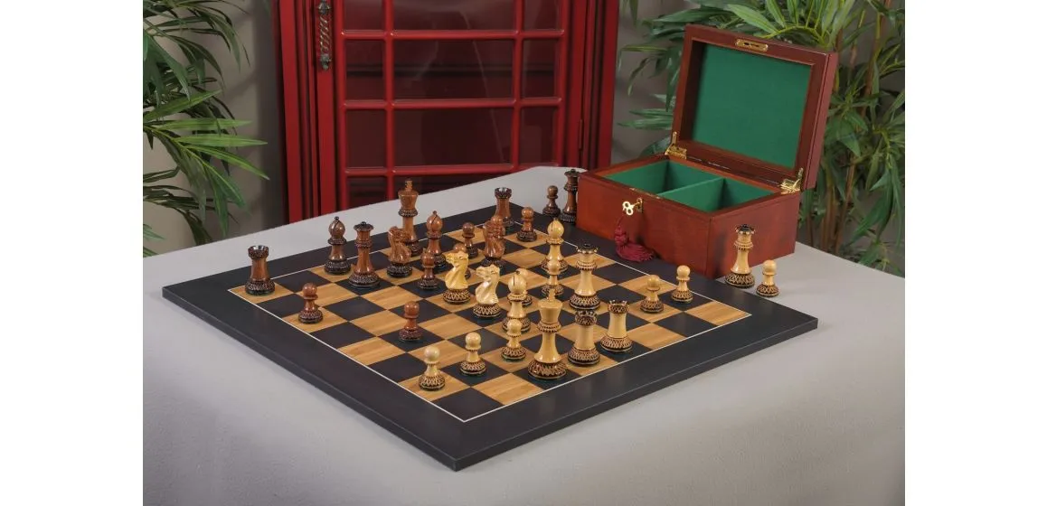 The Burnt Golden Rosewood Grandmaster Series Chess Set, Box, & Satin Board Combination