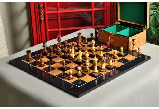 The Burnt Golden Rosewood Grandmaster Series Chess Set, Box, & Black Olivewood Board Combination- Gloss finish