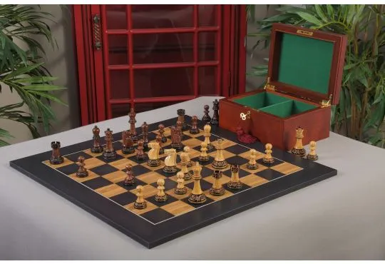 The Burnt Golden Rosewood Reykjavik II Series Chess Set, Box, & Satin Olivewood Board Combination