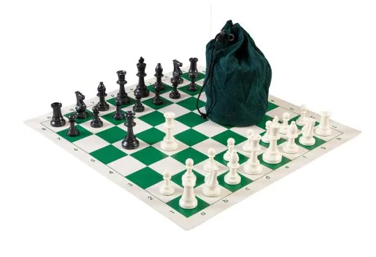 Drawstring Chess Set Combination - Single Weighted Regulation Pieces | Vinyl Chess Board | Drawstring Bag