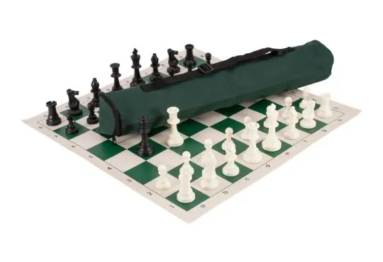 Standard Club Plastic Chess Set Black & Camel Pieces with Vinyl Rollup Board  - Blue - The Chess Store