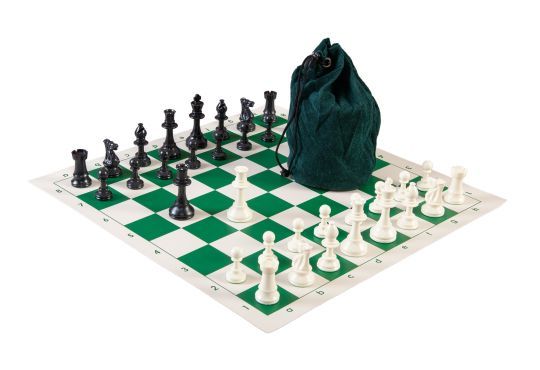 Drawstring Chess Set Combination - Solid Plastic Regulation Pieces | Vinyl Chess Board | Drawstring Bag