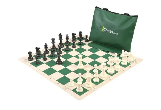 Standard Club Classroom Weighted Plastic Chess Set Black & Ivory Pieces  with Blue Roll-up Chess Board & Bag