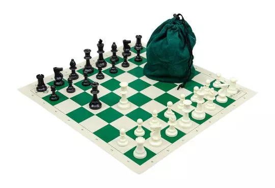 US Chess Education Program Chess Set Combination - Single Weighted Regulation Pieces | Vinyl Chess Board | Drawstring Bag