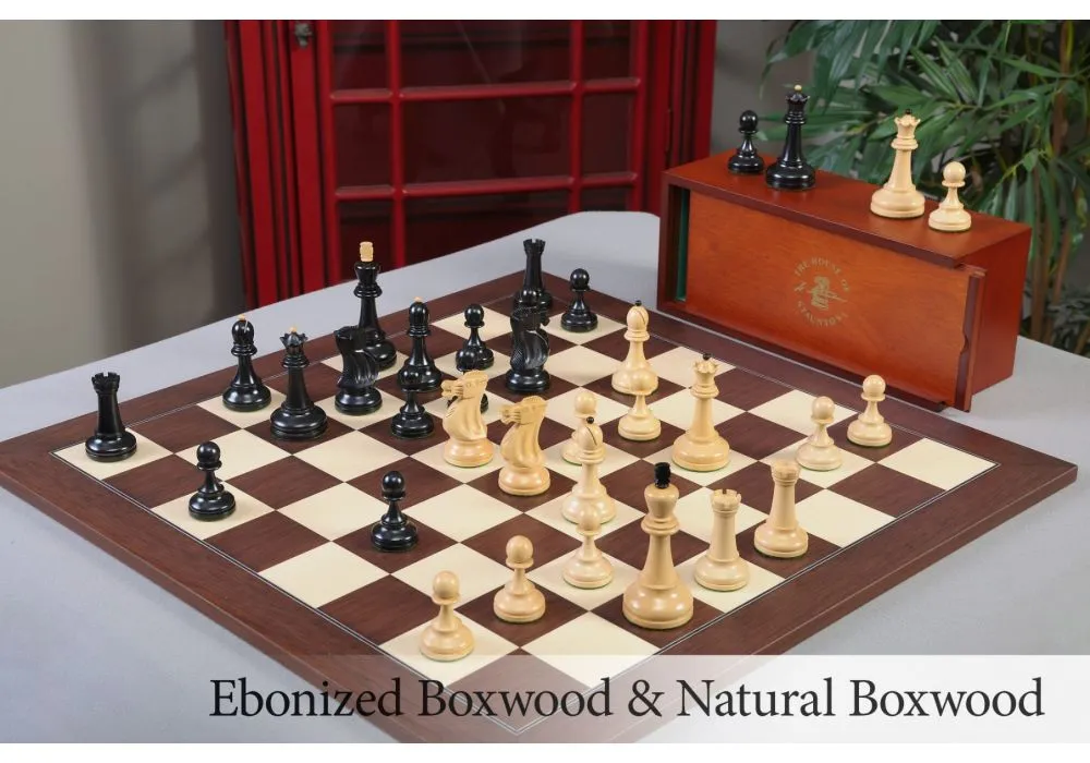 New Exclusive Staunton Chess Set Ebony & Boxwood Pieces with Black & Ash  Burl Chess Board & Box - 3 King - The Chess Store